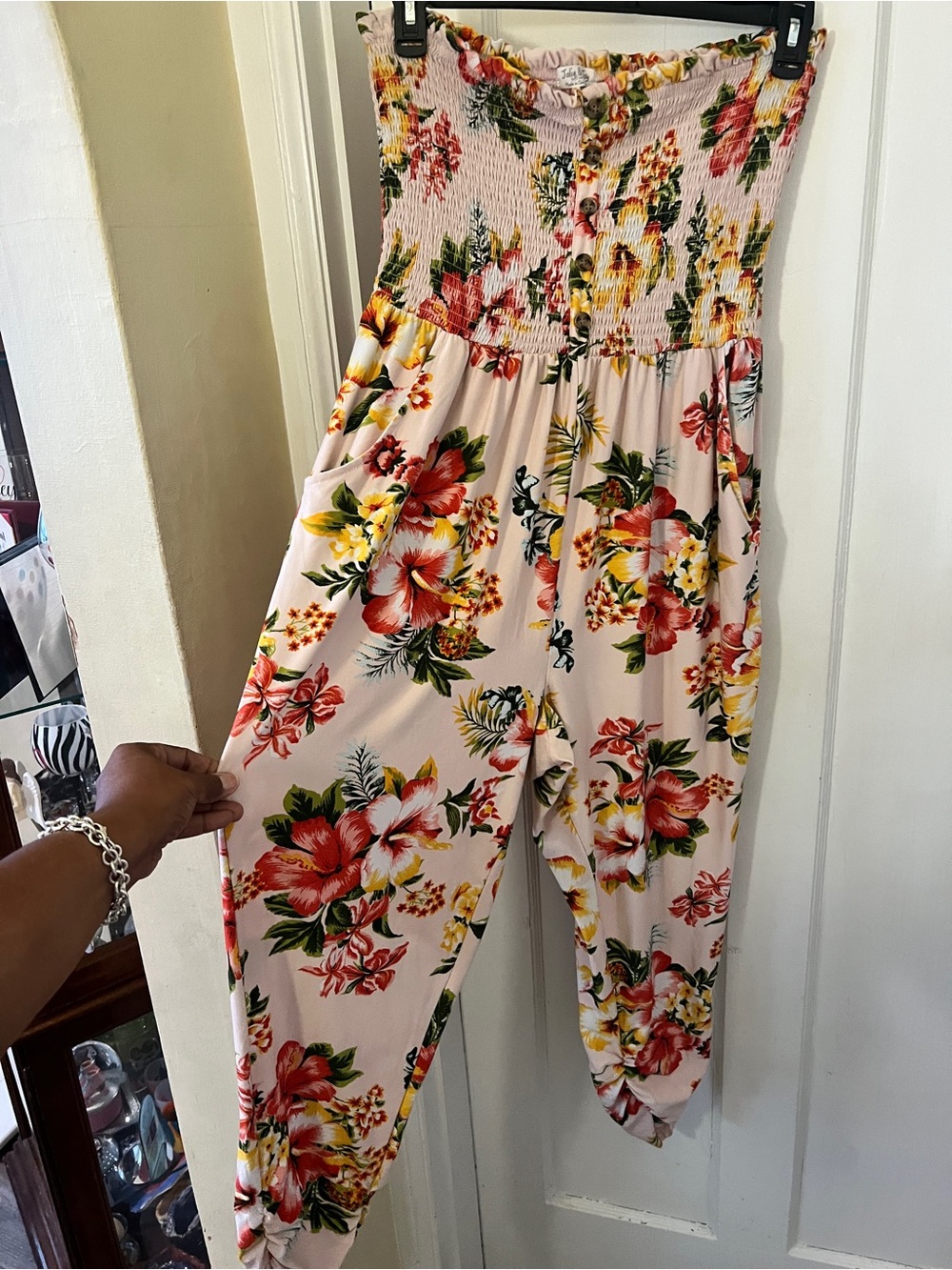 Strapless Floral Smocked Jumpsuit - Pink Floral